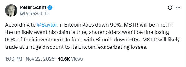 Peter Schiff谈MSTR和比特币崩跌：投资者不能承受90%的投资损失!